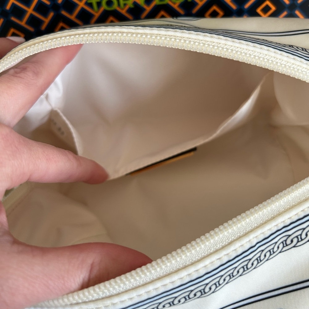 Tory Burch Virginia Printed Large Cosmetic Case Bag Blue Zebra Gold Blue Cream - Picture 8 of 10